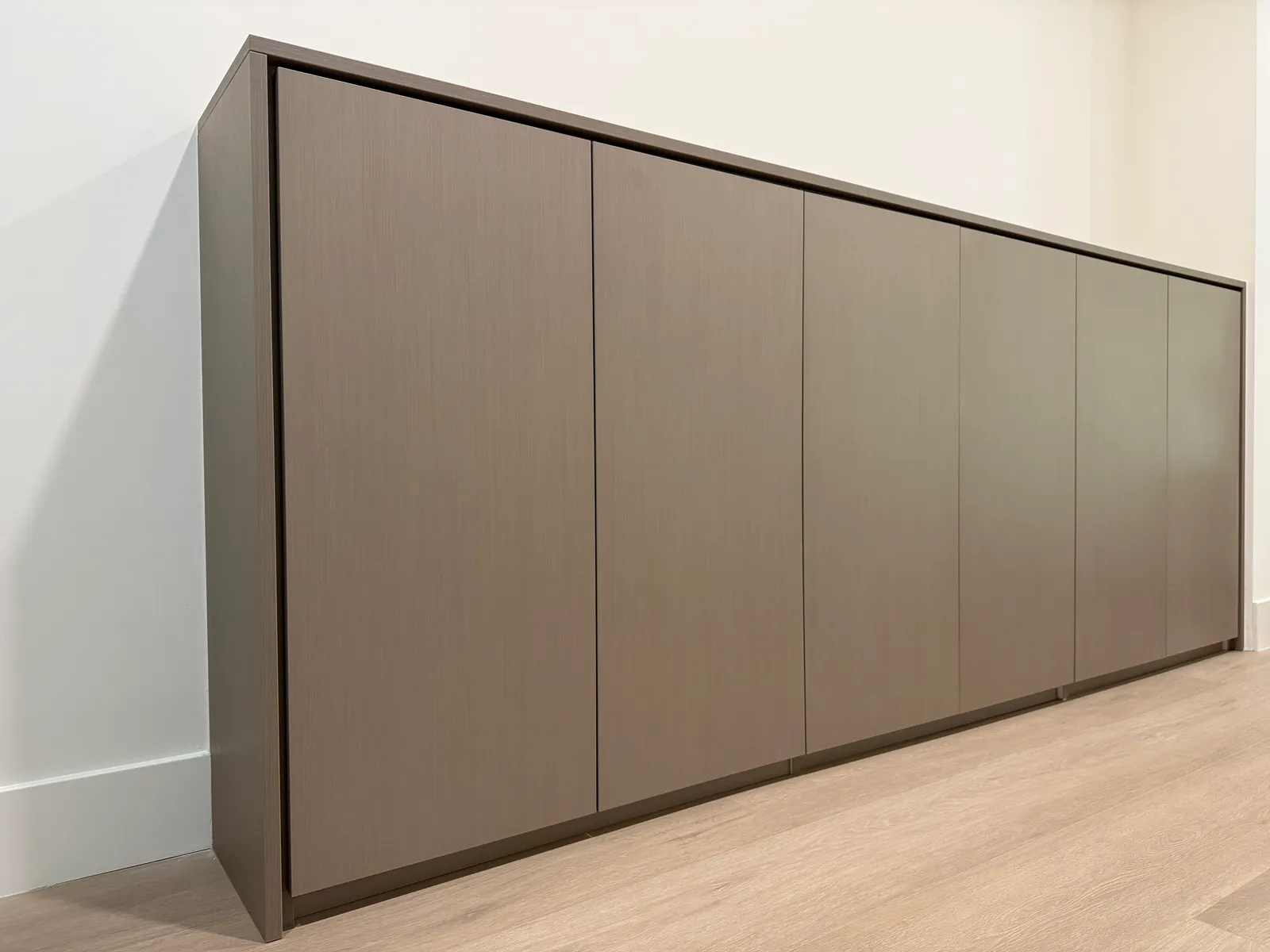 Low custom storage cabinet with matte melamine panels in North Hollywood