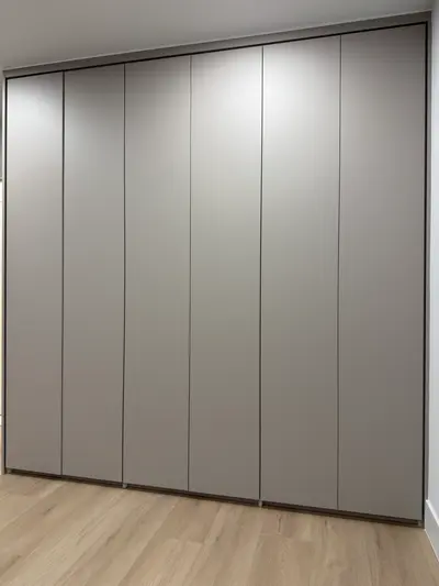 Close view of matte melamine panels on custom North Hollywood wardrobe
