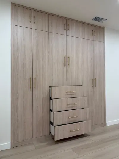 Custom wardrobe detail with central drawers and tall enclosed storage
