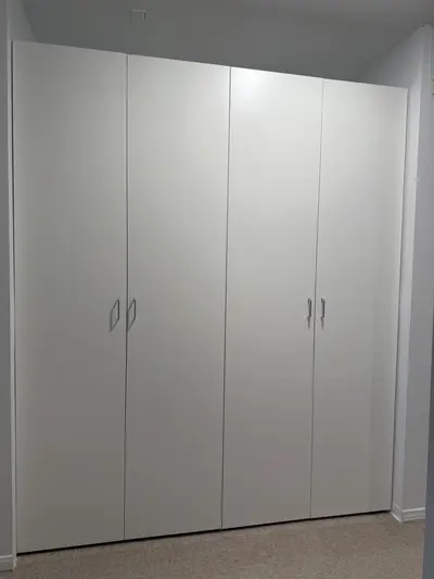 Custom white hallway cabinets with full-height storage doors